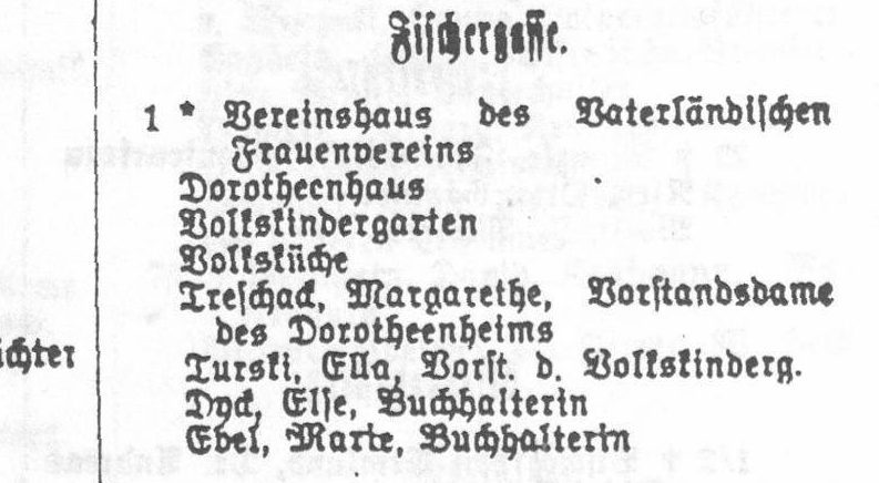 Fragment księgi adresowej Allenstein 1913, hasło Fischergasse 1: Vereinshaus des Vaterländischen Frauenvereins, Dorotheenhaus, Volkskindergarten, Volksküche