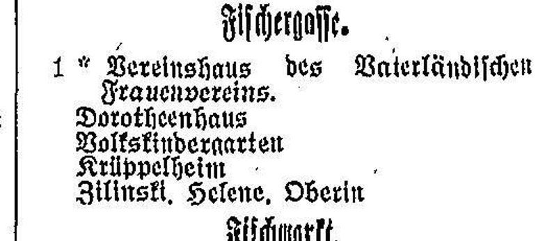 Fragment księgi adresowej Allenstein 1921: Fischergasse 1, Vereinshaus des Vaterländischen Frauenvereins, Dorotheenhaus, Volkskindergarten, Krüppelheim, Zilinski Helene, Oberin