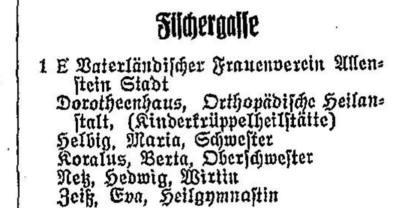 Fragment księgi adresowej Allenstein 1927: Fischergasse 1, Vaterländischer Frauenverein Allenstein Stadt, Dorotheenhaus, Orthopädische Heilanstalt (Kinderkrüppelheilstätte) oraz personel