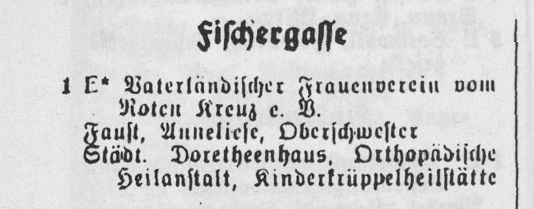 Fragment księgi mieszkańców Allenstein 1938: Fischergasse 1, Vaterländischer Frauenverein vom Roten Kreuz e.V., Städt. Dorotheenhaus, Orthopädische Heilanstalt, Kinderkrüppelheilstätte