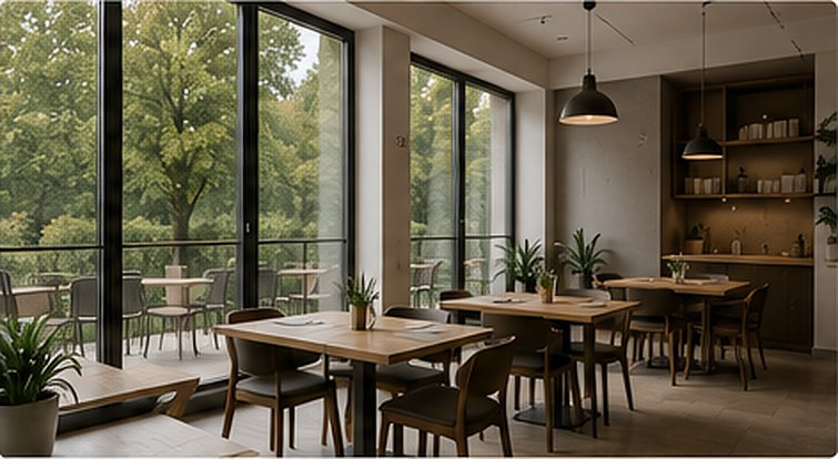 Restauracja z ogródkiem w parterze kamienicy — wizualizacja
